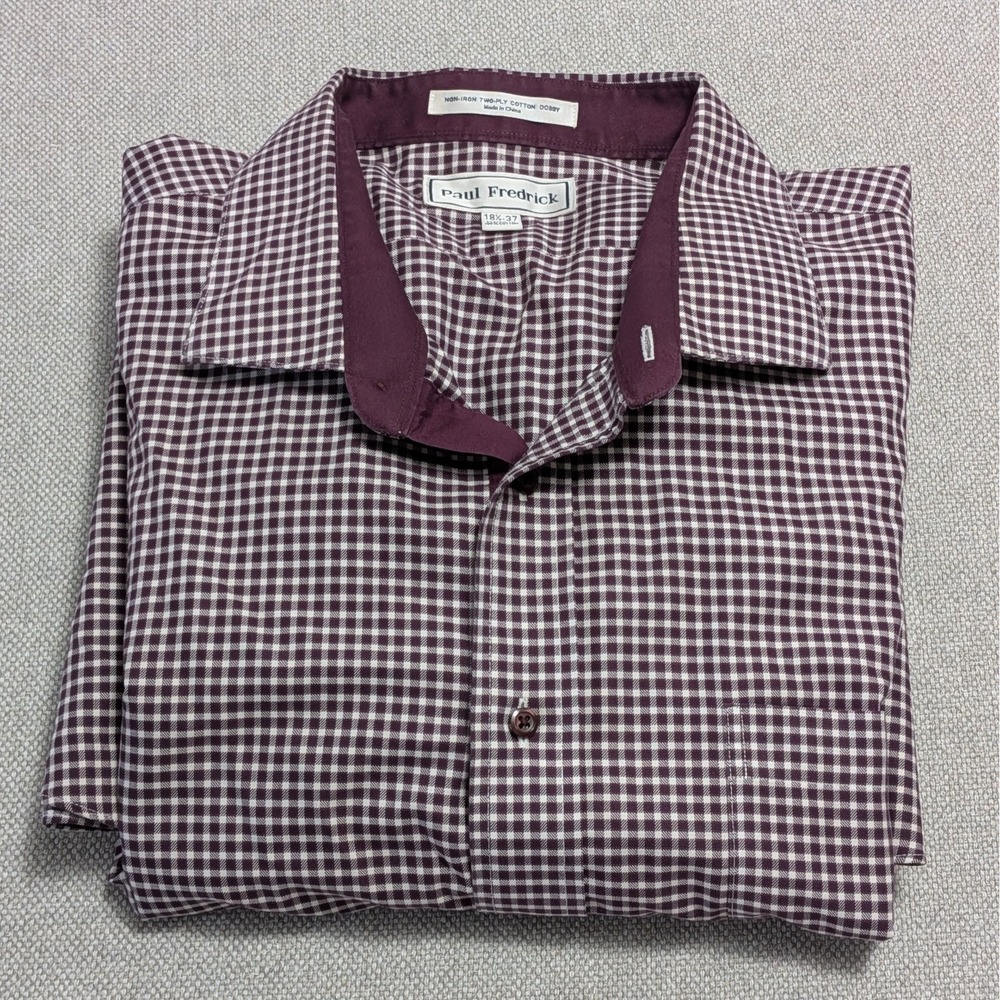 Paul Fredrick Men's Dress Shirt Burgundy White Gingham 18.5x37 Cotton Non-Iron
